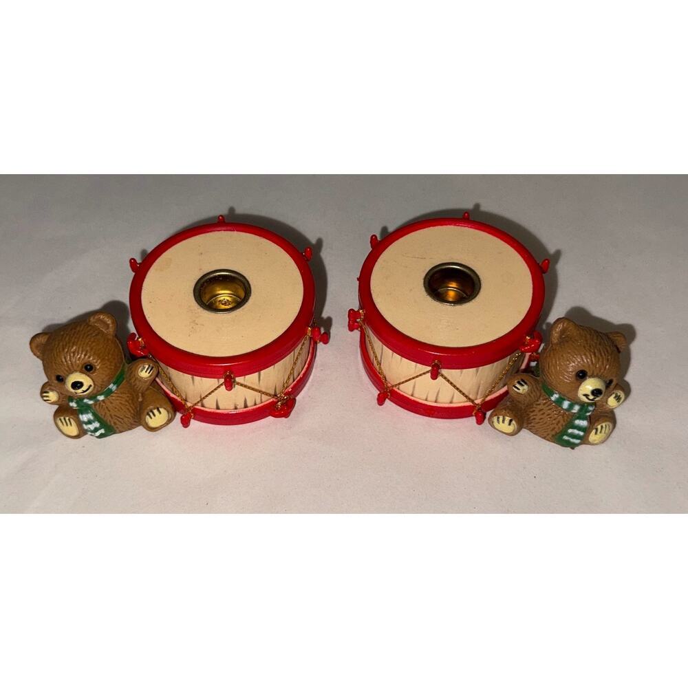 Vintage 1980s Holiday Memories Teddy Bear Drum‎ Candle Holder Set Boxed